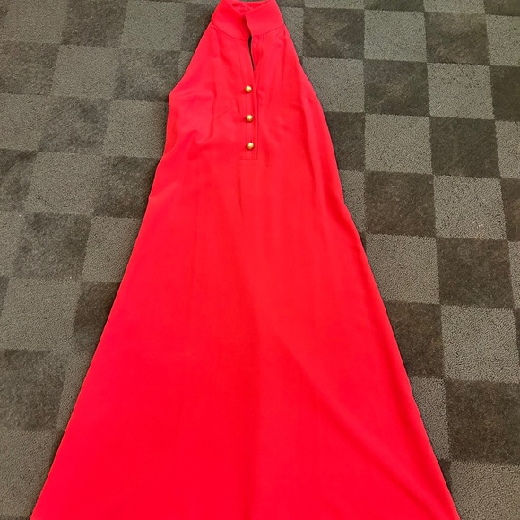 Tuckernuck Dresses & Skirts - Tuckernuck Coral-Red Halter Midi Dress with Gold Buttons